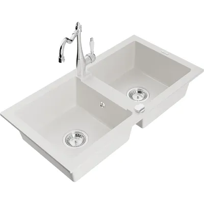 Zdjęcie produktu dla Mexen Mario zlewozmywak granitowy 2-komorowy z baterią kuchenną Carla, biały - 6504-20-670700-00