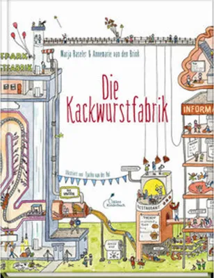 Illustration of a factory producing sausages, with many small people interacting with the machinery.