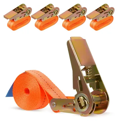 Obrázok produktu pre Popruhy s ratetkou – 4 kusy – 2 metre – nosnosť 1000 kg – nastaviteľné popruhy – robustný polyester – vhodné pre automobily a motocykle – upevňovacie popruhy