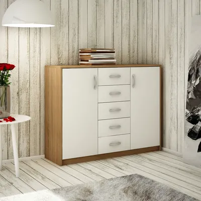 Produktbild von Kommode mit 5 Schubladen und 2 Türen in matter Ausführung, Kommode 110cm breit Holz Schrank Sideboard Highboard Kommode mit Schubladen sonoma weiß