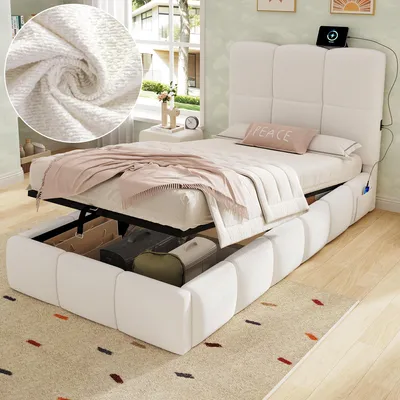 Produktbild von okwish Polsterbett 90×200 mit Matratze und USB-Anschluss, Einzelbett mit gepolstertes Kopfteil und Viel Stauraum, Boucle,Kinderbett in Beige
