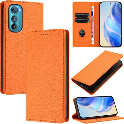 Immagine prodotto di Custodia in pelle per Motorola Edge 30, pelle Litschi, custodia a portafoglio con slot per carte e supporto Arancione