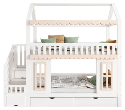 Immagine prodotto di Letto a castello a forma di casetta - Struttura in legno - Adatto per materasso 90x200 cm - Spazio contenitivo laterale - Scala integrata - 2 cassetti - Design moderno