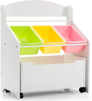 Produktbild von Kinderregal, Spielzeugregal mit 3 Aufbewahrungsboxen & 1 rollbarem Schrank & 1 Offene Ablage, Spielzeug Aufbewahrungsregal für Spielzimmer, Kinderzimmer, Kindergarten (Weiß)