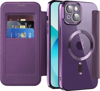 Image de Etui pour iPhone 13 compatible avec MagSafe, étui transparent avec porte-cartes, étui en cuir avec protection de l'appareil photo Violet