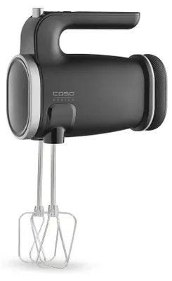 A black and silver hand mixer with beaters attached.