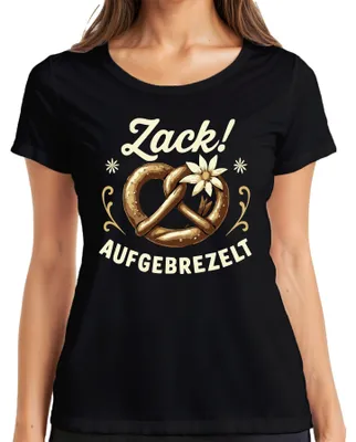 Produktbild von Zack Aufgebrezelt Brezel Tracht Edelweiß Wiesn Lustig Damen T-Shirt, Schwarz, L