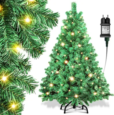Zdjęcie produktu dla Sztuczne drzewko bożonarodzeniowe Eikuavons, wysokość 120 cm, z oświetleniem LED (150 diod, ciepła biel), w zestawie metalowa podstawa i 340 ozdób. Drzewko wykonane z PVC, kolor zielony