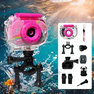 Produktbild von Wasserdichte Kinder-Digitalkamera P18, 20 MP, 1080P Video, 10-facher Digitalzoom, Unterwasserkamera mit Lithium-Akku - Regenbogenrosa