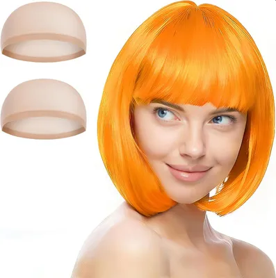 Produktbild von Kurze Bob Perücke Neon, 2 Haarnetze, Orange, für Karneval und Themenpartys
