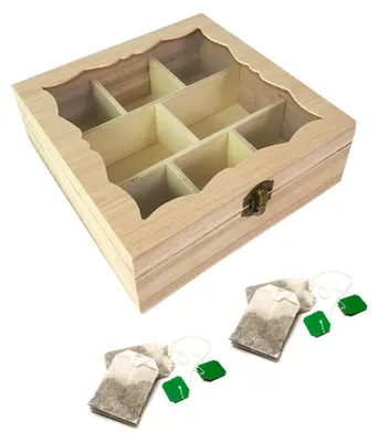 Produktbild von Teebox aus Holz mit 8 Fächern, 20x20x7 cm, Echtglasdeckel und Metallschließe
