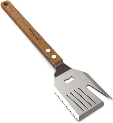 Image de Spatule de cuisson de 40 cm, en acier inoxydable, avec manche en bois, idéale pour les barbecues en extérieur
