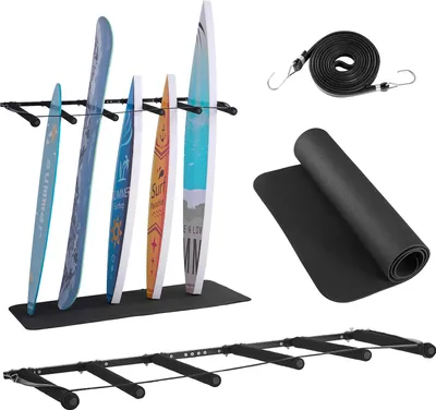 Immagine prodotto di VEVOR supporto a parete per tavole da surf (5 livelli) appendino verticale per tavole da surf da riporre e presentare, organizzatore regolabile per kiteboard shortboard sci snowboard nero