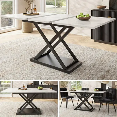 Immagine prodotto di Tavolo da pranzo allungabile, da 120 a 160 cm, con piano effetto marmo bianco e struttura in metallo nero