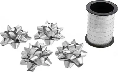 Produktbild von Silberfarbenes Geschenkband-Set mit 10 Meter Band und 4 passenden Schleifen