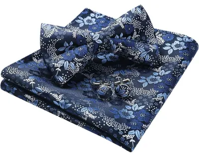 Immagine prodotto di Set da uomo composto da fazzoletto da taschino e fazzoletto da colletto, con gemelli, pre-annodato, regolabile, motivo Paisley, colore blu