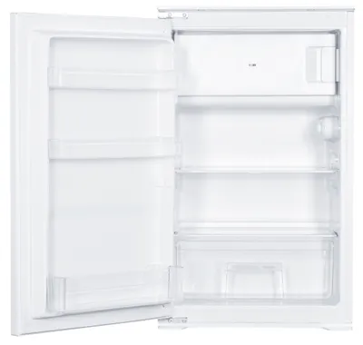 An open, empty white refrigerator with shelves and a freezer compartment.