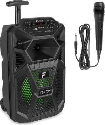 A portable speaker with a microphone and cable, displayed on a white background.