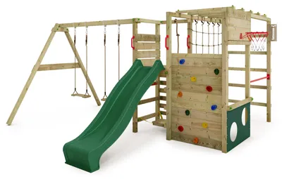 Image de Structure d'escalade FATMOOSE ActionArena Air XXL, en bois, de couleur verte, avec balançoire intégrée