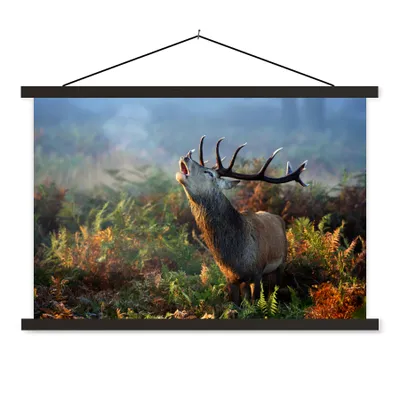 Produktbild von MuchoWow® Textilposter Hirsche - Wald - Nebel 90x60 cm mit schwarzem Rahmen - Aufhängungssatz