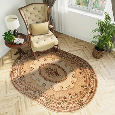 Produktbild von Teppich Oval Wohnzimmer Schlafzimmer Kurzflor Klassisch Design Beige Braun  200 x 300 cm