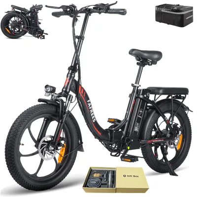 A black electric folding bicycle with red accents is displayed on a white background, along with a small folded version of the bike and a storage bag.