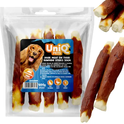 Productafbeelding van Hondenkoekjes, dikke rundvleessticks met eend, UniQ Pets, 500g