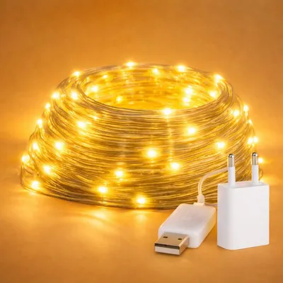 LED-Lichtschnur 15 m, warmweiß 2700 K, IP65, USB, für Außen