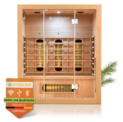 Produktbild von Artsauna Infrarotkabine Kiruna160 mit 6 Vollspektrum- & 3 Flächenstrahler, 3 Personen, 160x105x190 cm, LED Farblicht & Glastür, Infrarotsauna Sauna