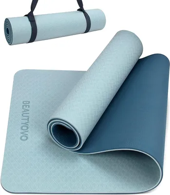 Produktbild von Yogamatte rutschfest 6 mm bis 8 mm, TPE, blau, mit Tragegurt, für Fitness