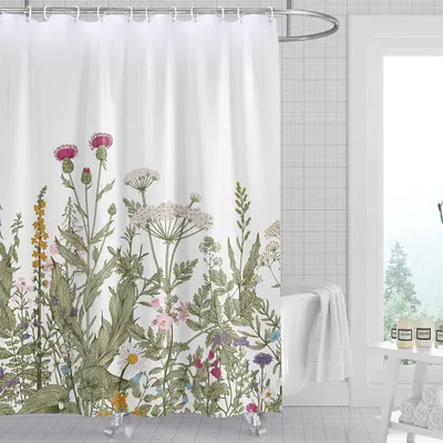 Image de Rideau de douche, 120 x 180 cm, ensemble de rideaux de salle de bain en tissu avec motif floral aquarelle, avec crochets
