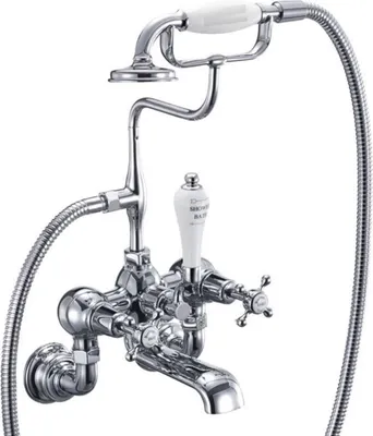 Produktbild von Casa Padrino Luxus Jugendstil Aufputz Badewannenarmatur Silber / Weiß H. 46,95 cm - Nostalgische Messing Badewannen Armatur mit Handbrause - Nostalgisches Badezimmer Zubehör
