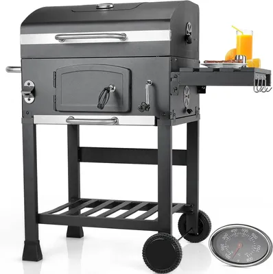 Image de Barbecue au charbon avec chariot - Grill et fumoir d'extérieur - Avec couvercle et 2 roues - Barbecue portable pour jardin et camping - En plastique
