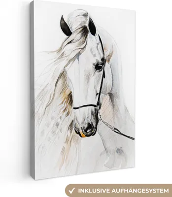Produktbild von MuchoWow® - Leinwandbilder - Pferd - Aquarell - Tiere - Weiß, Wandbild, Wanddeko Bilder Wohnzimmer, 40x60 cm