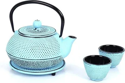 Zdjęcie produktu dla Zestaw do herbaty z żeliwa z dzbankiem o pojemności 0,8 l – wyjmowanym sitkiem – podstawką – w stylu vintage – do herbaty liściastej – jasnoniebieski