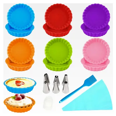Produktbild von 12 Stück Kleine Silikon Tarteform, 11 cm Mini Tartelette Förmchen mit Spritzbeutel, Spritztüllen und Silikonpinsel