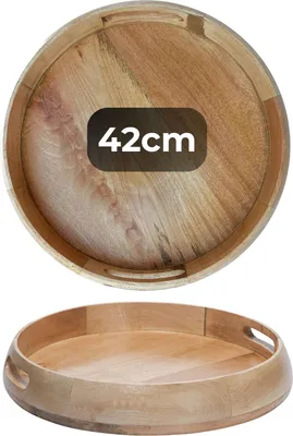 Produktbild von Marrakesch Boho Deko Tablett Serviertablett rund aus Holz 40 cm | Servierplatte Kahaya als Dekorative Tischdeko für Küche und Wohnzimmer | Vintage Frühstückstablett natürlich für Schlafzimmer
