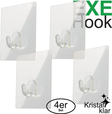 Produktbild von 4x EXE Hook Haken selbstklebend handtuchhalter ohne bohren wiederverwendbar Wasserfest bis 4Kg eckig klar