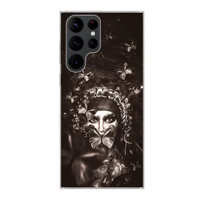 Produktbild von MuchoWow® Handyhülle Schutzhülle Hülle für Samsung Galaxy S22 Ultra Frau - Schmetterling - Schwarz - Weiß Silikon Softcase Handy Hülle - Abbildung