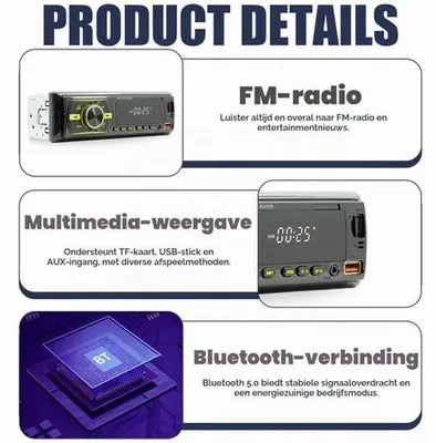 Productafbeelding van Autoradio 1 DIN met Bluetooth 5.0, FM-radio, MP3-speler, 2 USB-poorten, handsfree bellen, verlichting in 7 kleuren