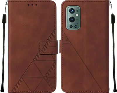 A brown leather flip case for a OnePlus 9 Pro phone, shown open to reveal the phone's camera module.