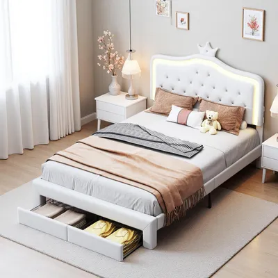Produktbild von Kinderbett 90x200 cm, gepolstert, verstellbares Kopfteil, 2 Schubladen, Kronenform mit LED-Beleuchtung, Prinzessinnenstil, weiß (Matratze nicht im Lieferumfang enthalten)