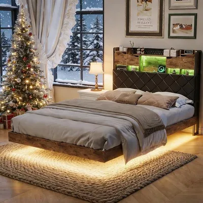 Imagen del producto de Cama tapizada de 140x200 cm, cama flotante con iluminación LED y puertos USB, cabecero con espacio de almacenamiento, estructura de cama doble moderna con somier, cama de metal, marco de cama, sin colchón