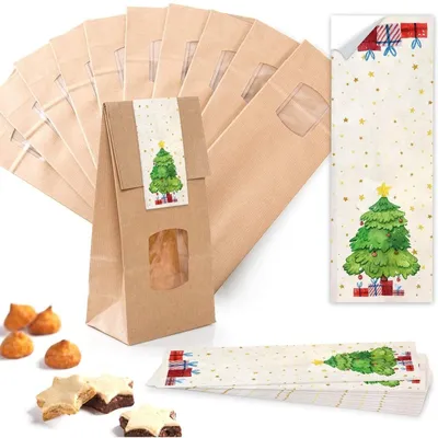 Produktbild von 10 Stück kleine braune Block-Bodenbeutel MIT FENSTER + Pergamin-Einlage 10,5 x 6,5 x 29 cm + 10 beige weiße WUNDERBARE WEIHNACHTEN Weihnachts-Aufkleber - Papiertüten lebensmittel-echtWeihnachtsbaum mit Geschenken / 25 Stück
