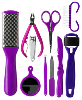 Produktbild von Maniküre Set Zubehör Violett – Nagelpflege Set mit Spiegel, Nagelzange, Hornhautraspel, Nagelfeile und Rasierer