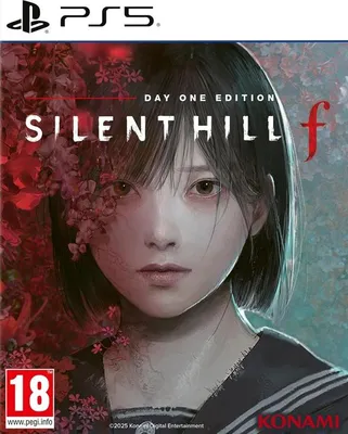 The image is the cover art for the video game Silent Hill F, a PlayStation 5 game. It features a young woman with dark hair and a school uniform, with red flowers and foliage surrounding her. The title of the game and edition are prominently displayed.