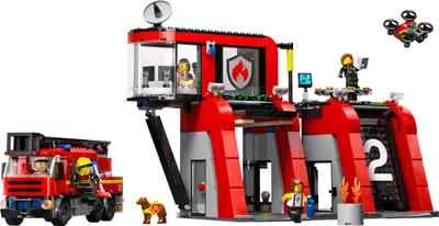 Produktbild von LEGO City Feuerwehrstation mit Drehleiterfahrzeug, Feuerwehr-Spielzeug mit Feuerwache und Feuerwehrauto, Geburtstagsgeschenk für Kinder ab 6 Jahren, Set mit Hund und 5 Minifiguren 60414