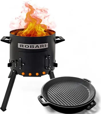 Produktbild von robari Gusseisen Outdoor Kochset mit Utschak (Feuerofen), Kasan und Grillpfannendeckel schwarz, Feuerofen Ø 40 cm, H 68 cm, Kasan Ø 40 cm, H 16,5 cm, bereits eingebrannt, variable Luftzufuhr, einfache Ascheentfernung