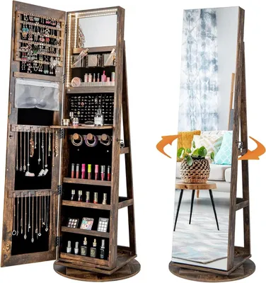 Image de Armoire à bijoux - Armoire à glace - Éclairage LED - Rotative à 360° - Miroir sans cadre pour le corps entier - Verrouillable - Bois - Marron