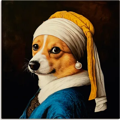 Produktbild von ARTland Leinwandbild Der Corgi mit dem Perlenohrring Größe: 70x70 cm